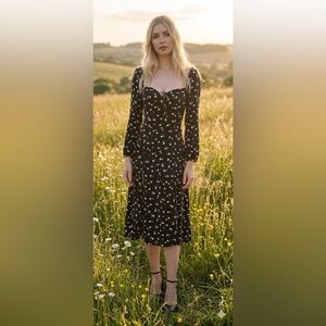 Audrey 3+1  Romantic Floral Midi Dress - Long Sleeve Sweetheart Neck with Slit s